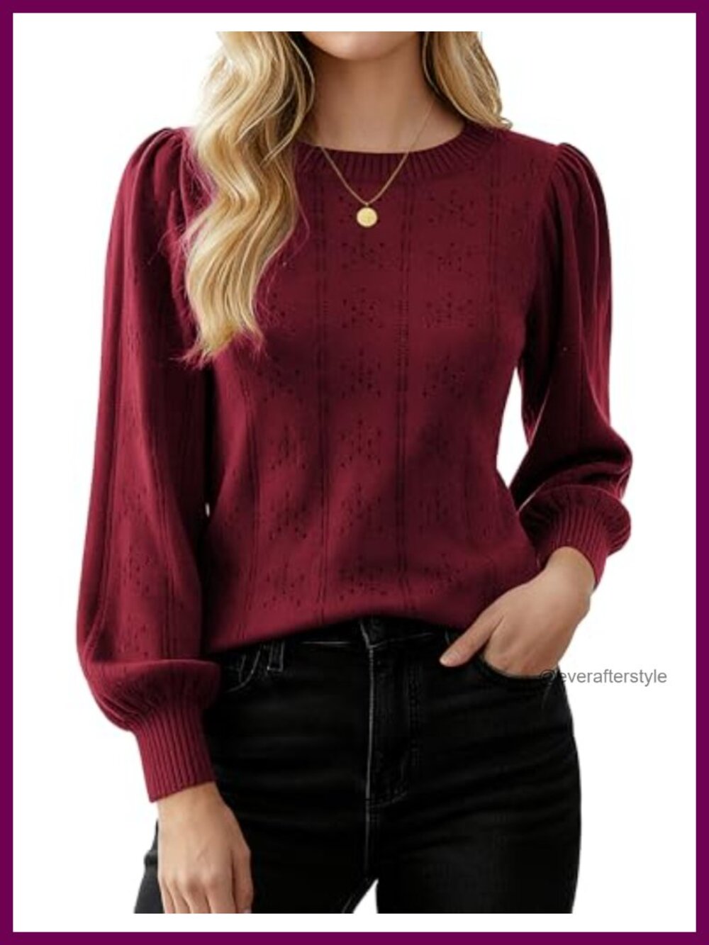 Crochet Puff Long Sleeve Pullover Sweater Slim Fit Pleated Waist Hollow Out Knit